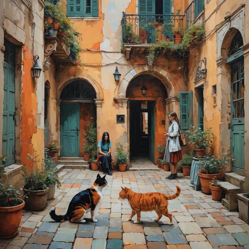 Painterly Courtyard Scene with Girl and Cat