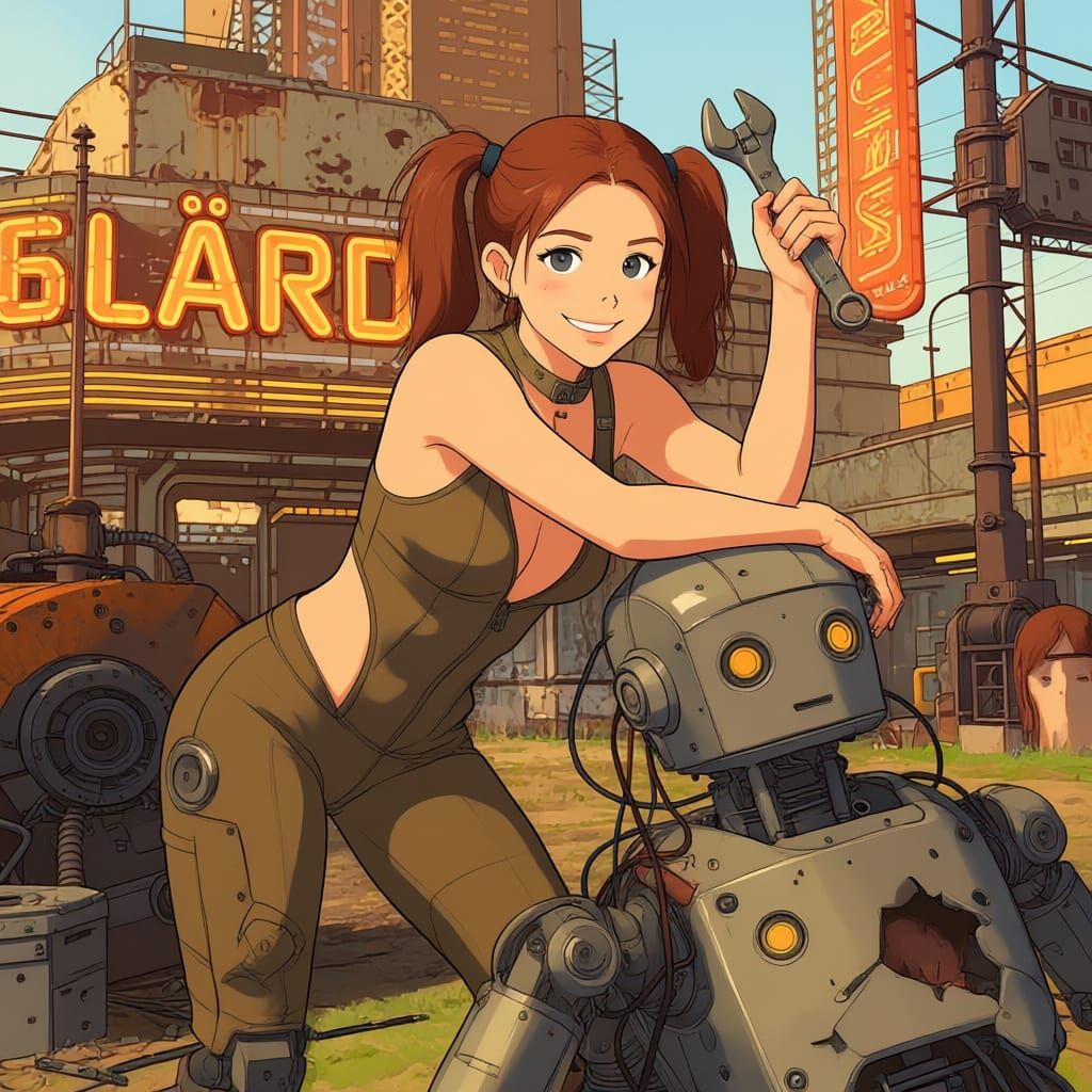 Cyberpunk Mechanic Woman with Wrench in Retro Sci-Fi Scene