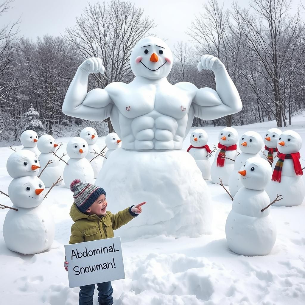 Muscular Snowman with Six-Pack Abs in Winter Landscape