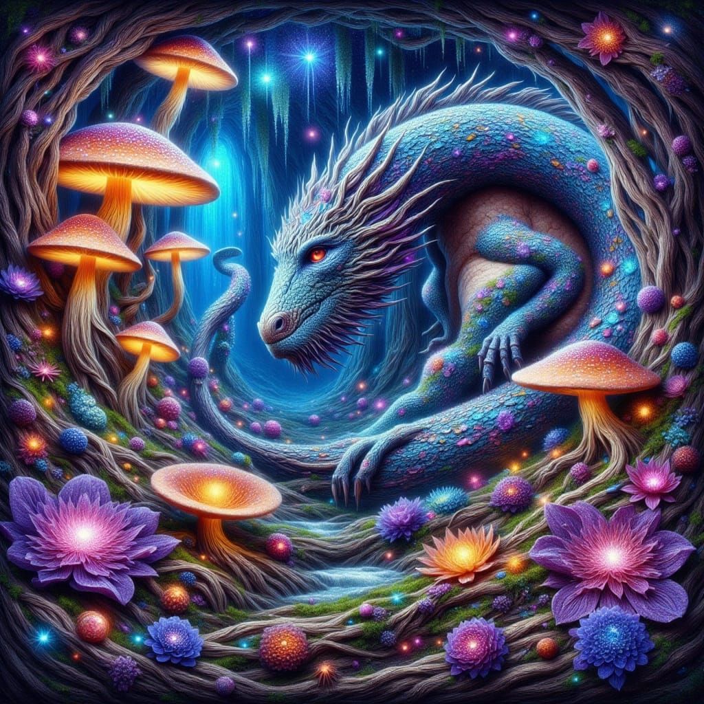 Bioluminescent Dragon in a Psychedelic Cave
