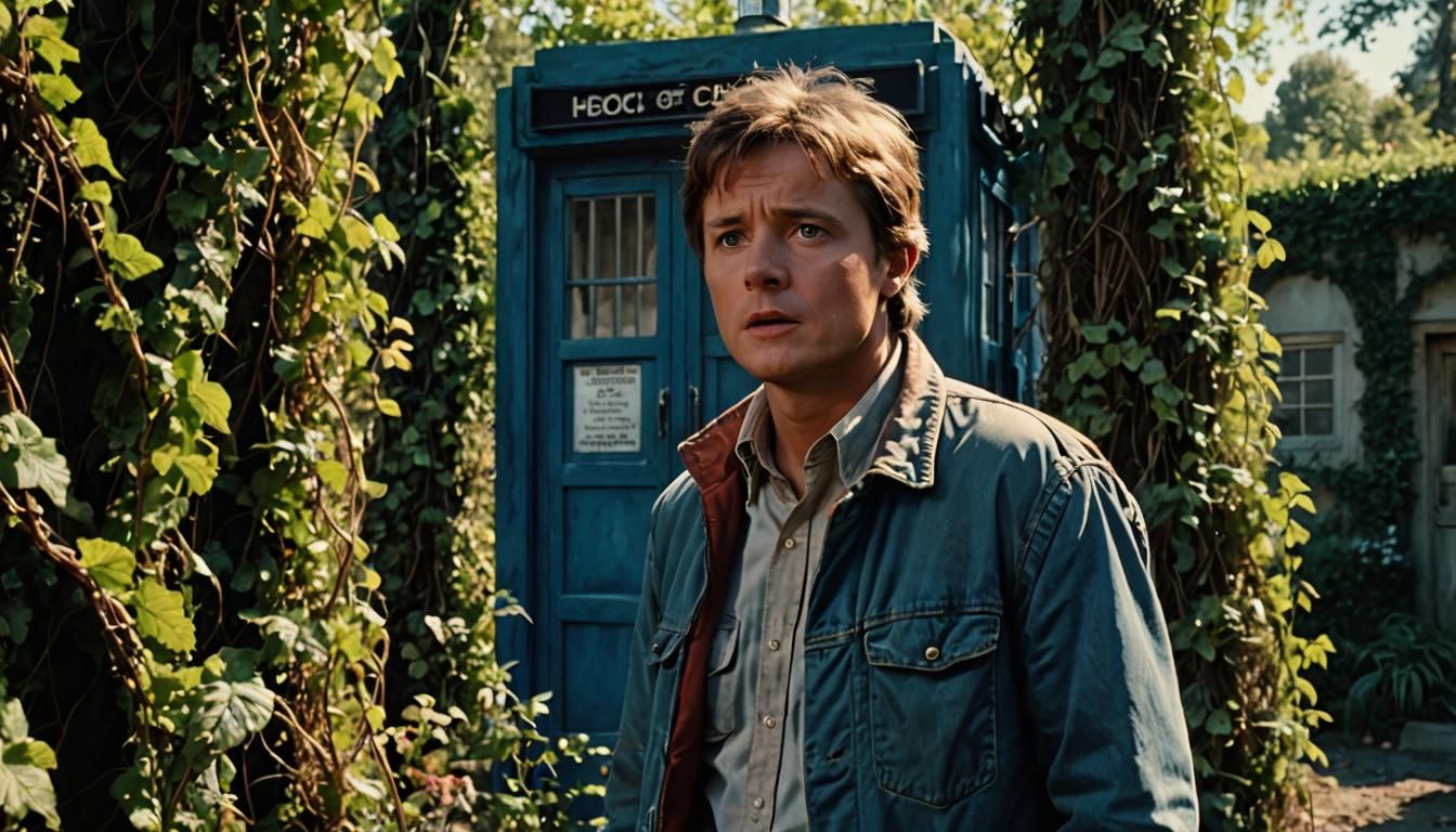 Marty McFly and Overgrown TARDIS: Cinematic Film Still