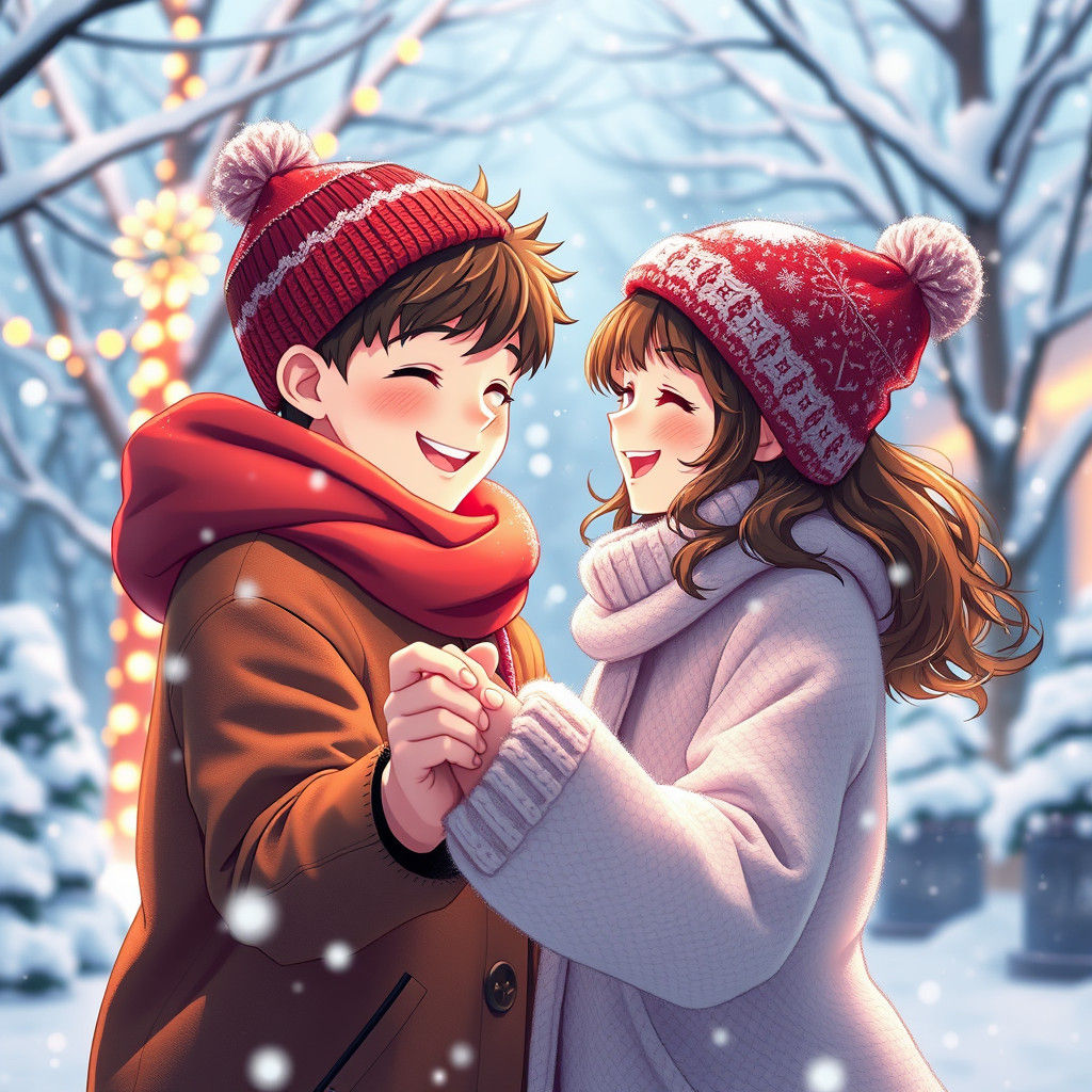 Teenage Couple Dancing in Christmas Snowfall