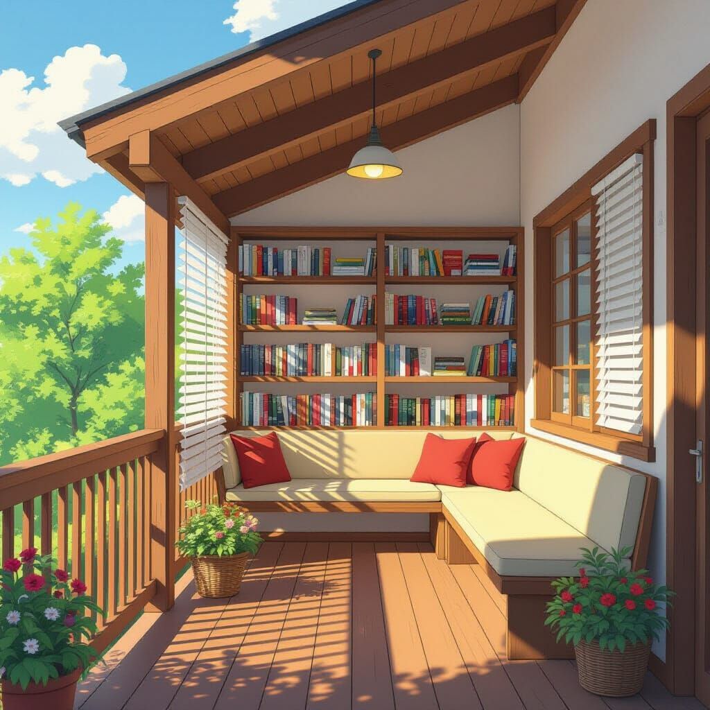 Cozy Library on Elevated Deck in Warm, Animated Style