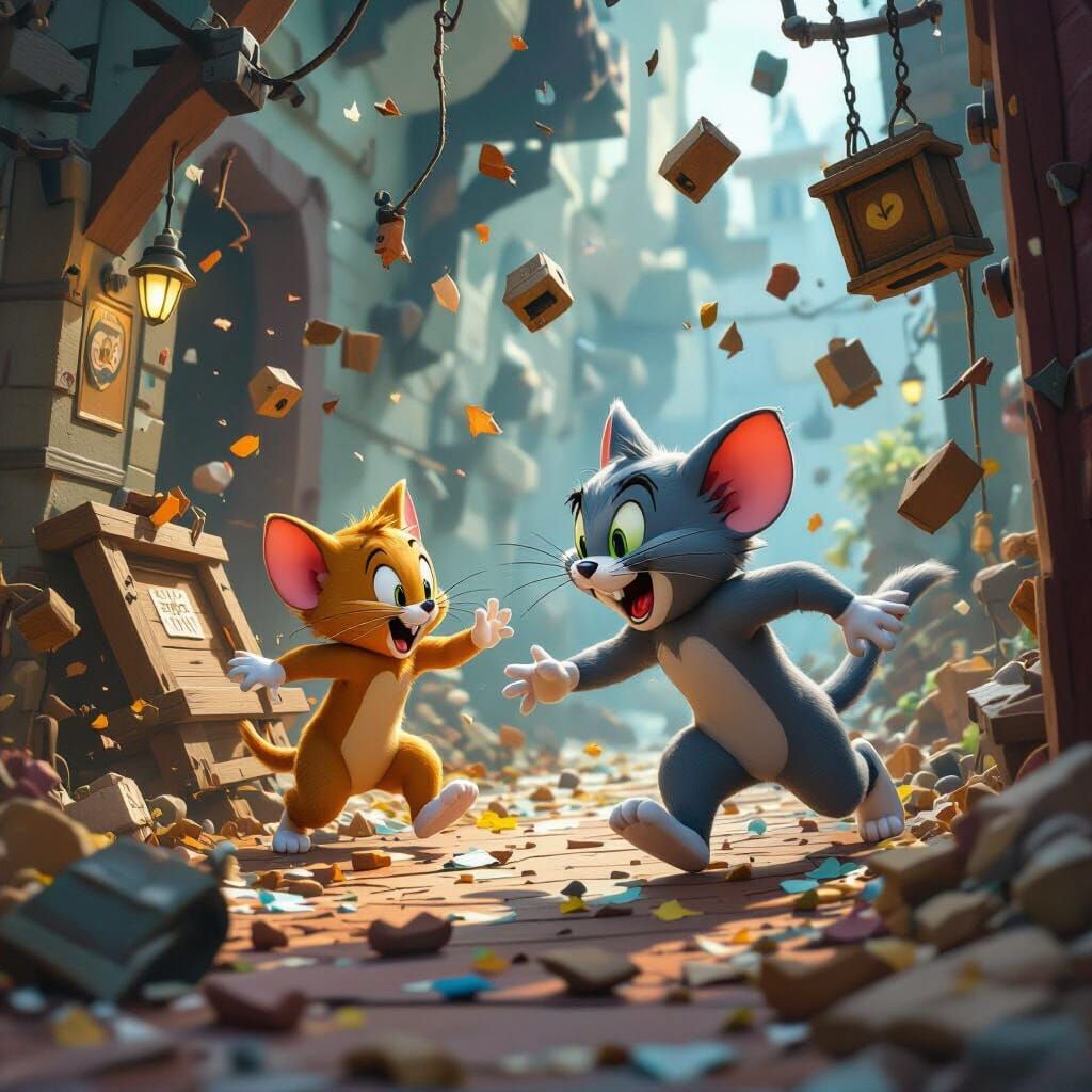 Tom and Jerry Chaotic Chase in Detailed Matte Painting Style