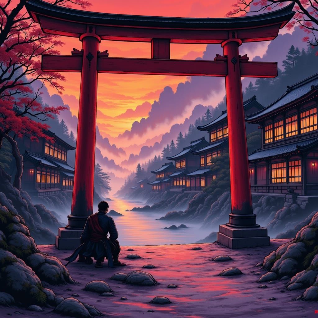 Lone Ronin in Mist Shrouded Village