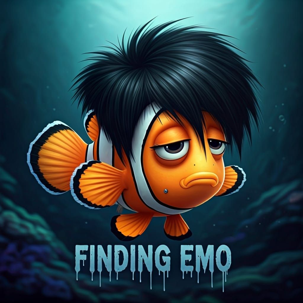 Depressed Emo Clownfish in Dark Underwater Scene