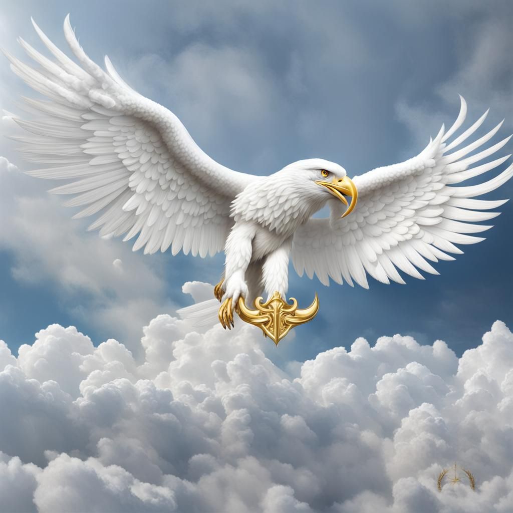 White cloud white  eagle  wings spread a gold trident graspe...