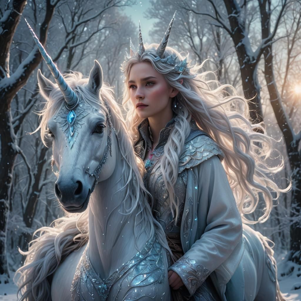 Icy Girl on Unicorn in Surreal Digital Painting