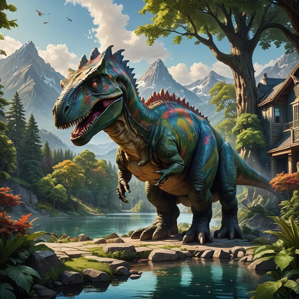 Gigantic Dinosaur in Huge House, Photorealistic Concept Art