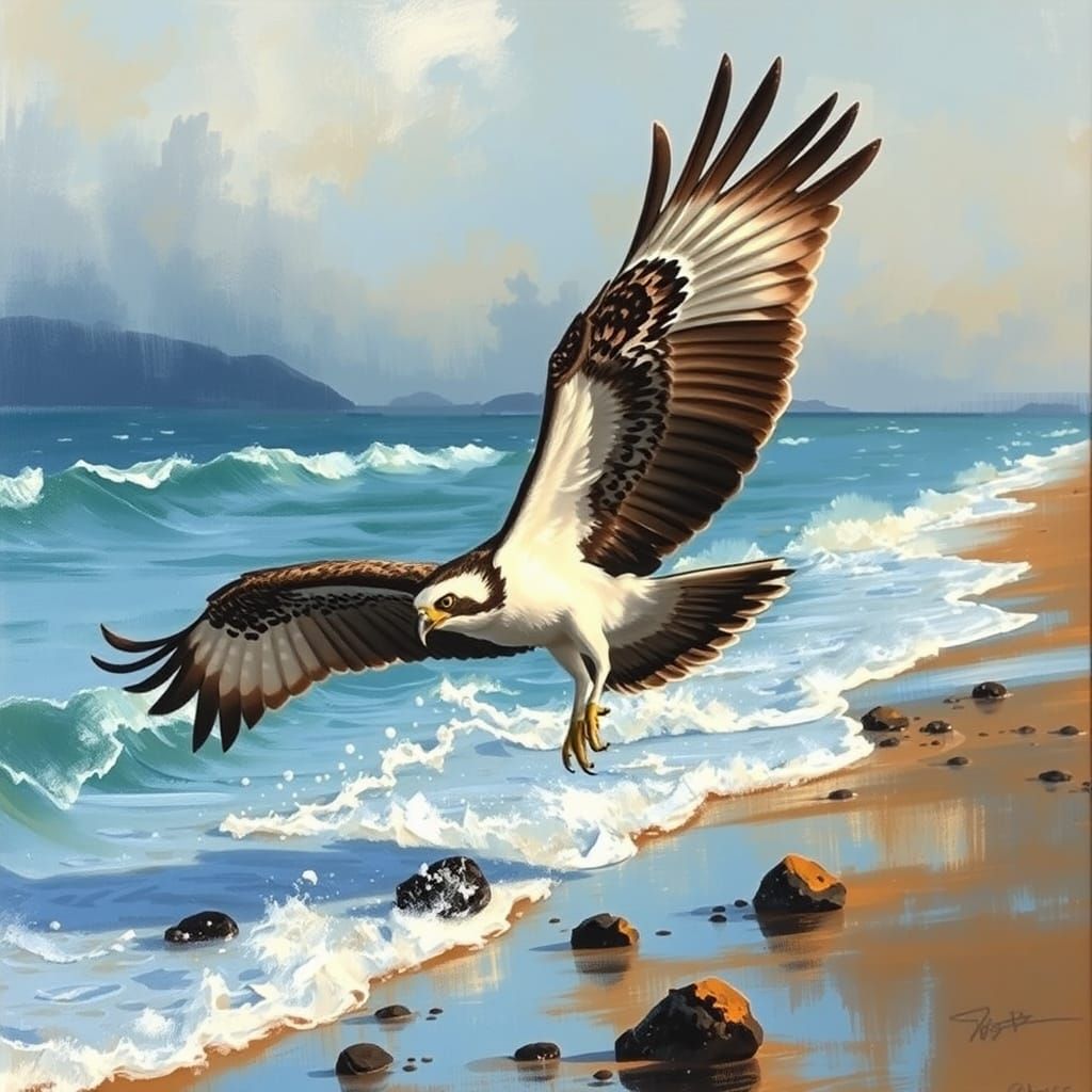 Osprey on Shoreline in Dynamic Oil Painting