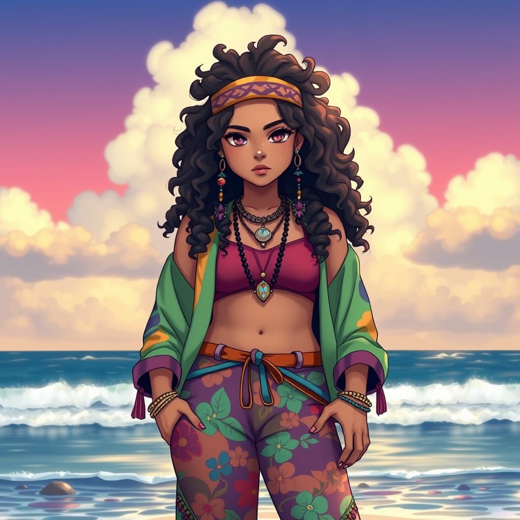 Hippie Pokémon Trainer Girl Near the Ocean