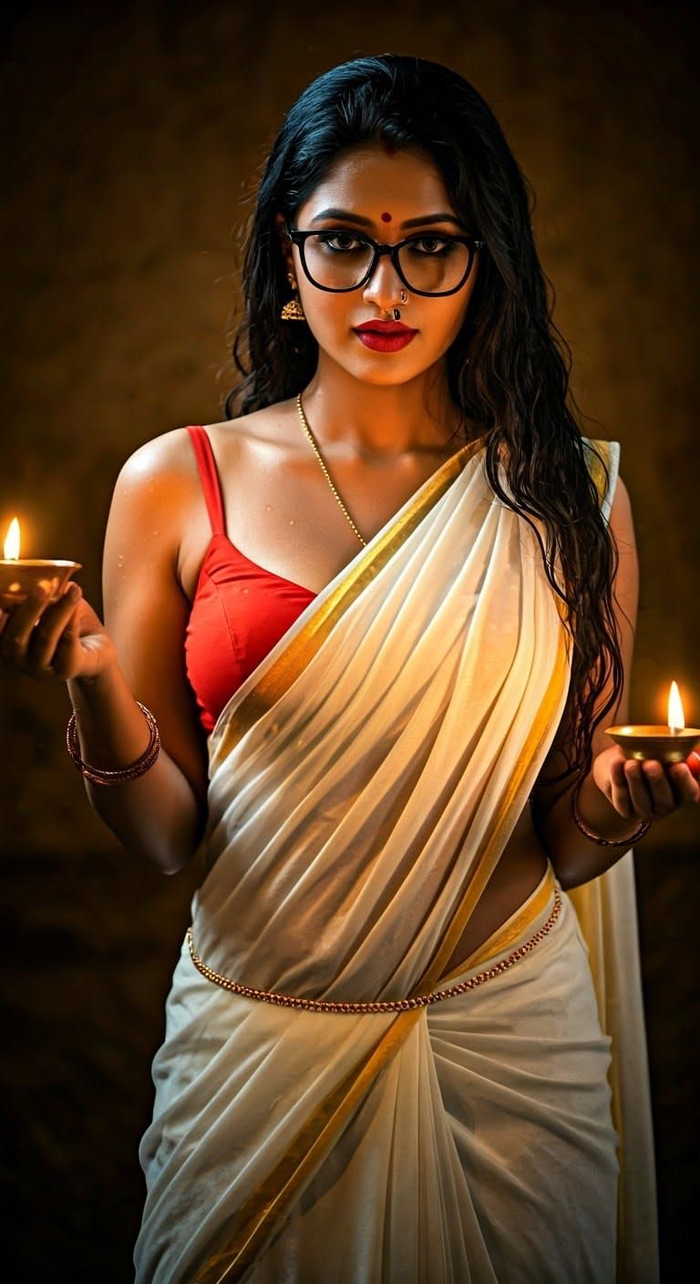 Elegant Indian Beauty in Traditional Kerala Saree with Golde...