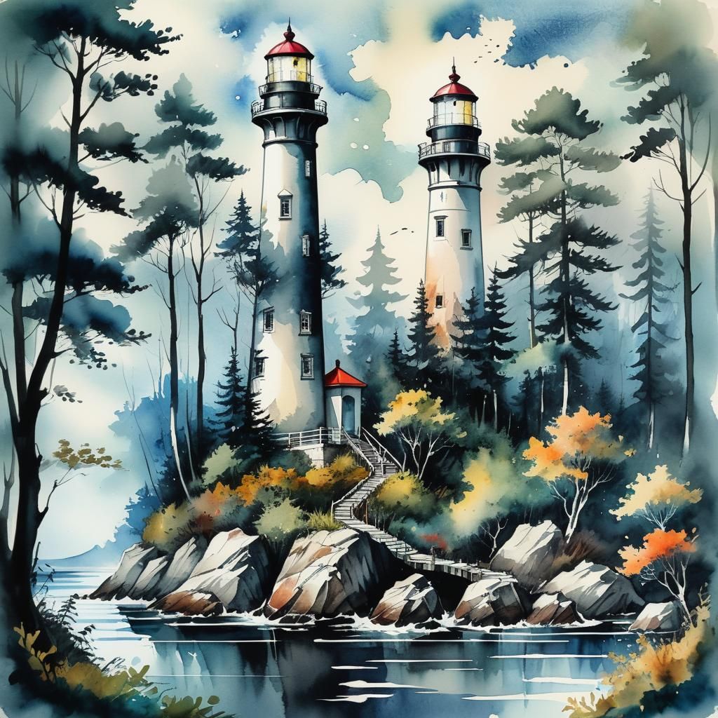 Lighthouse Amidst Forest, Modern Ink and Watercolor