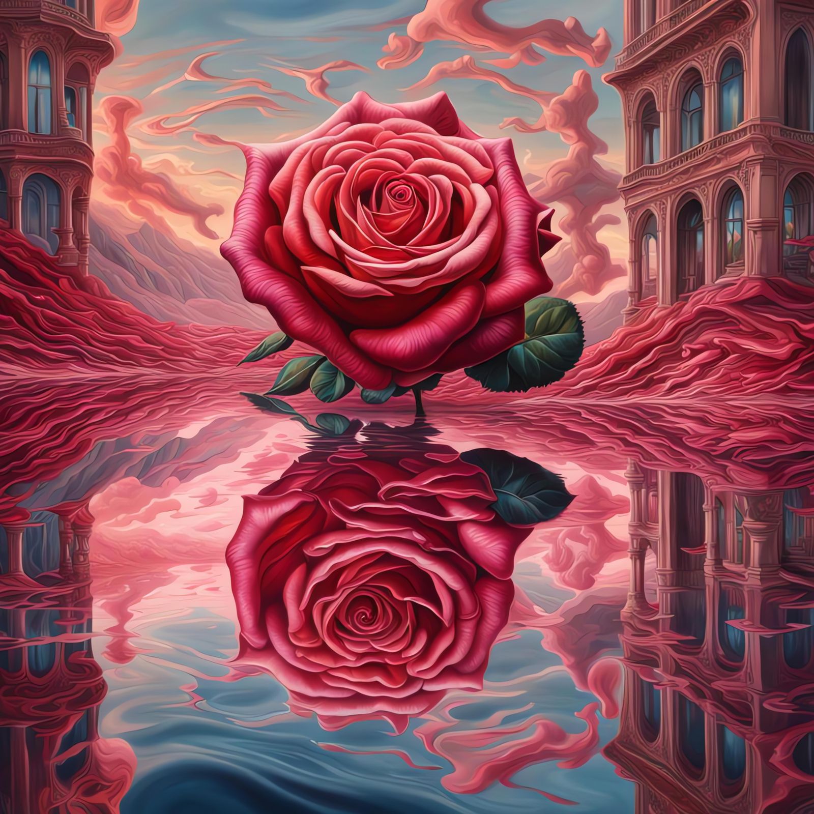 Surreal Rose Reflections in Oil on Canvas