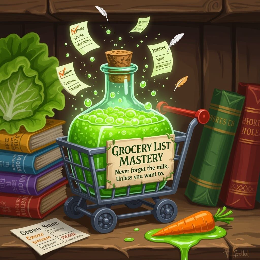Enchanted Grocery List in Vibrant Green Potion Bottle