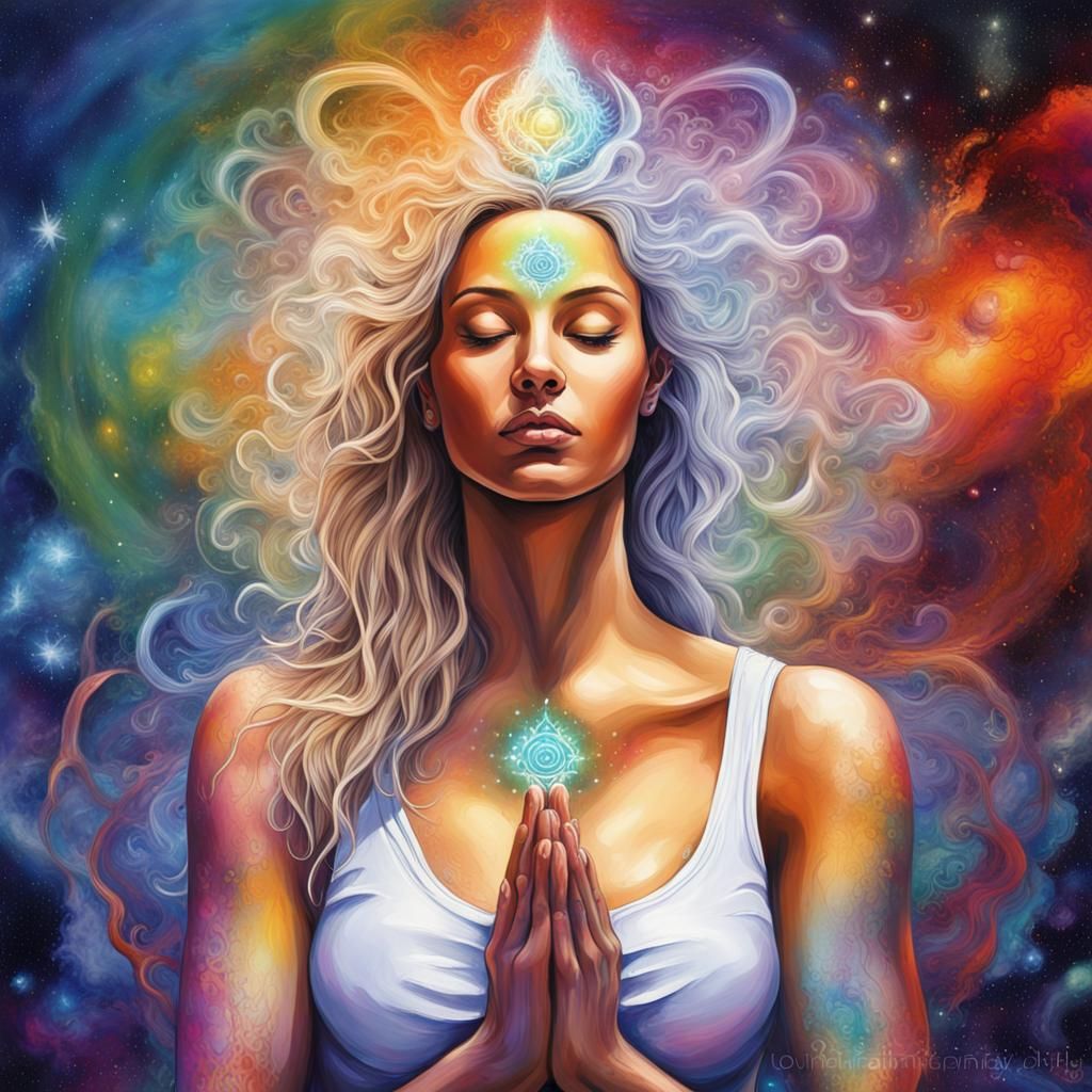 Chakra Goddess Meditating in Galaxy: Graffiti Art
