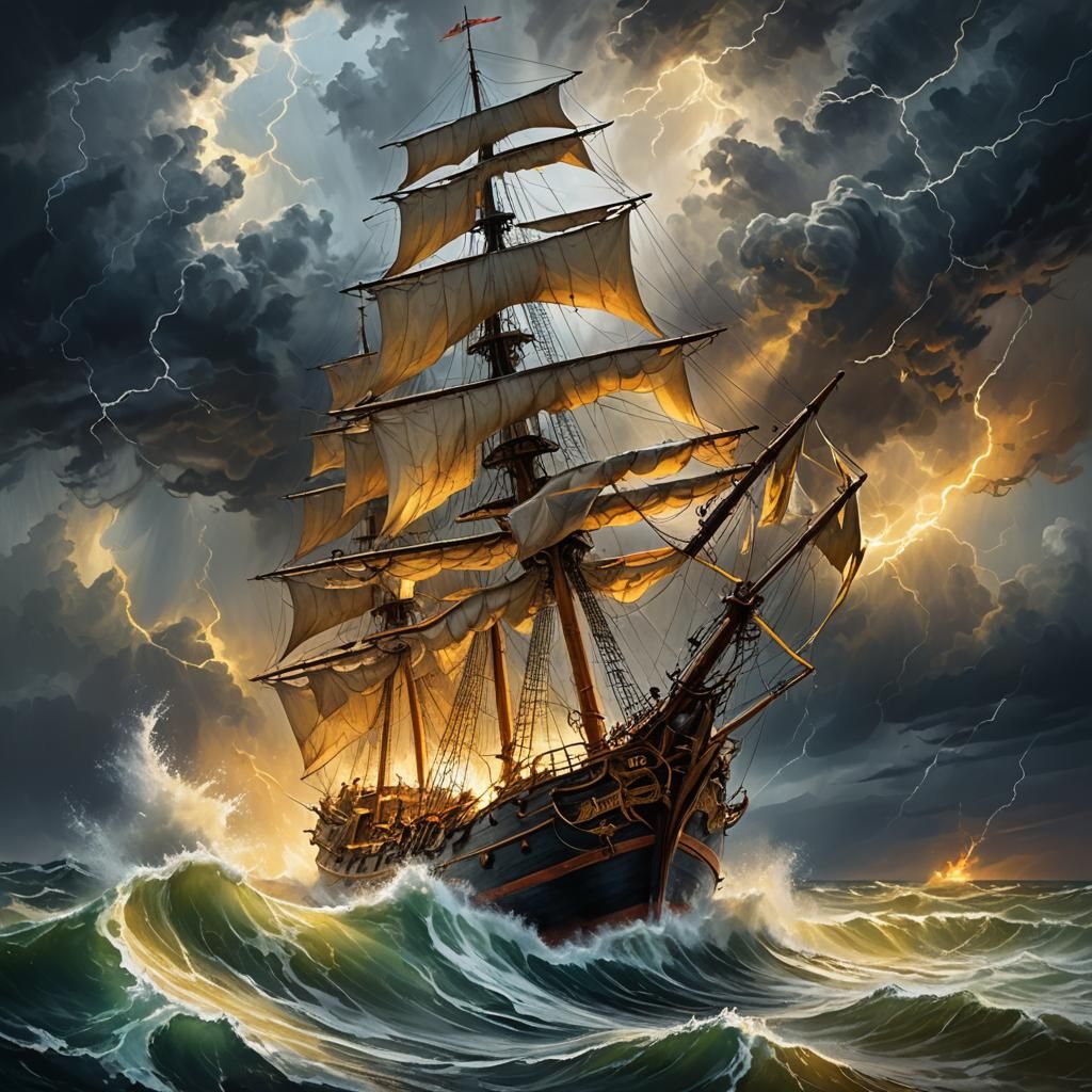 An old sailing ship caught in a violent storm.