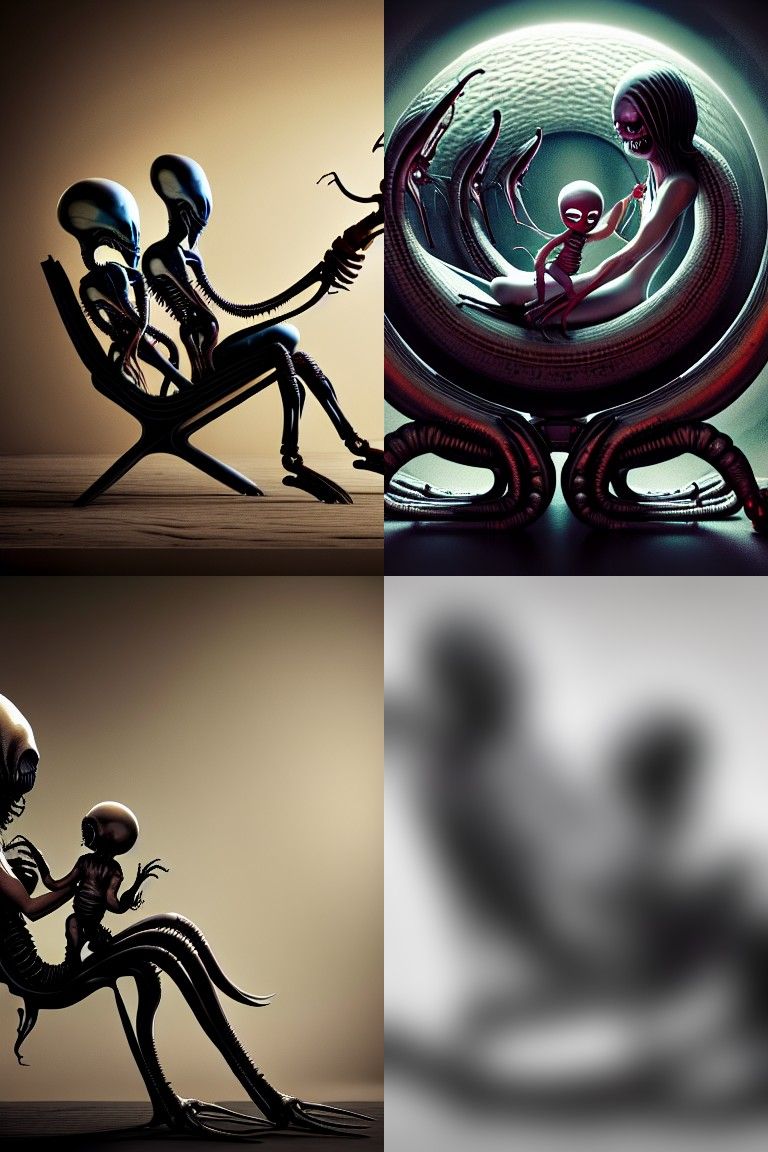 Mom and baby alien xenomorph in a rocking chair