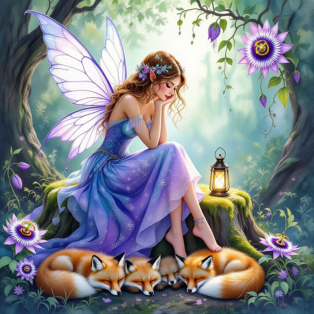 Watercolor Fairy in Fantasy Forest with Foxes