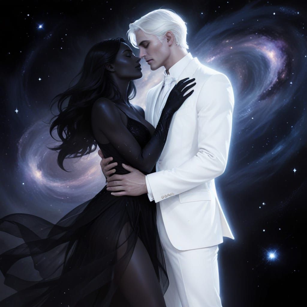 Ethereal Couple Embrace Amidst Starry Galaxy