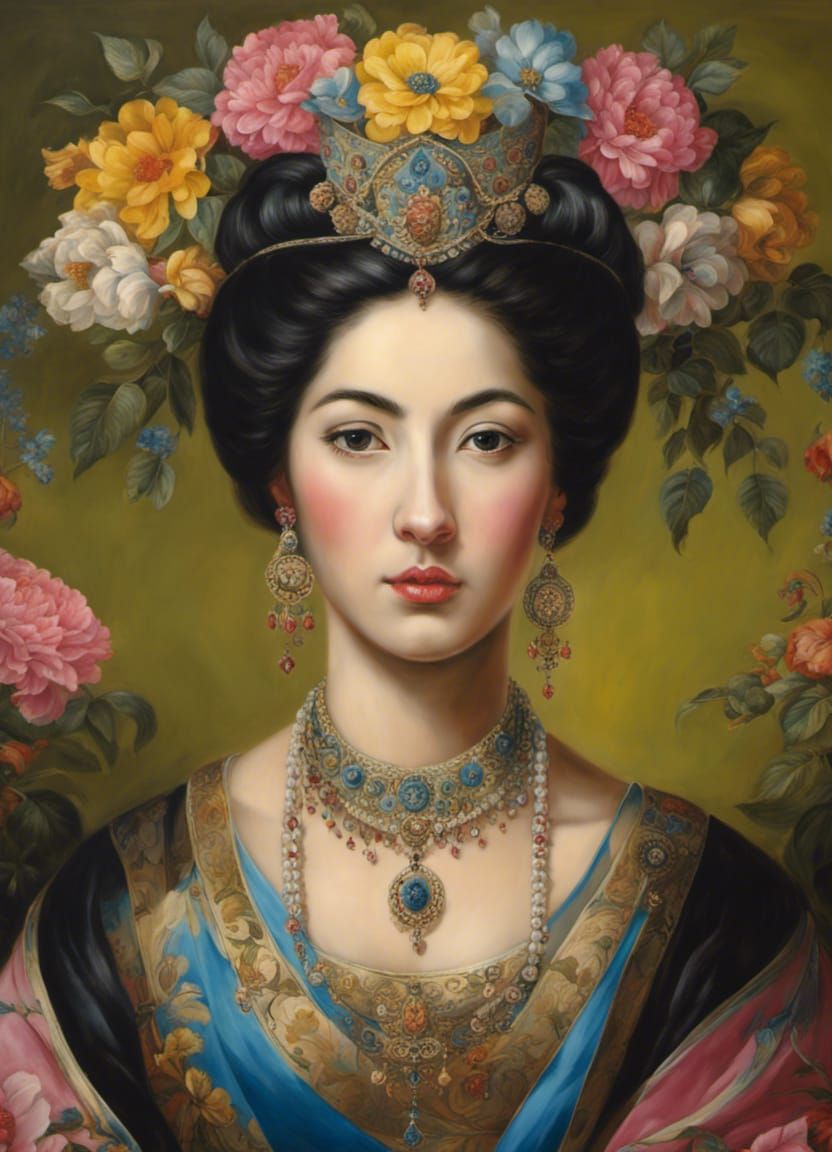 Hyperrealistic Portrait of Sogdian Princess in Floral Settin...