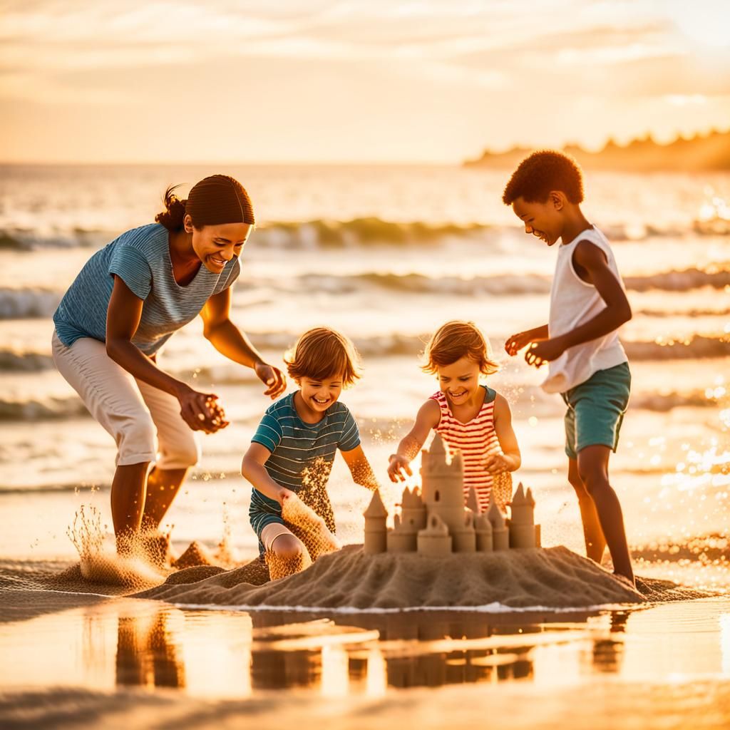 Warm Summer Beach Scene with Families Building Sandcastles