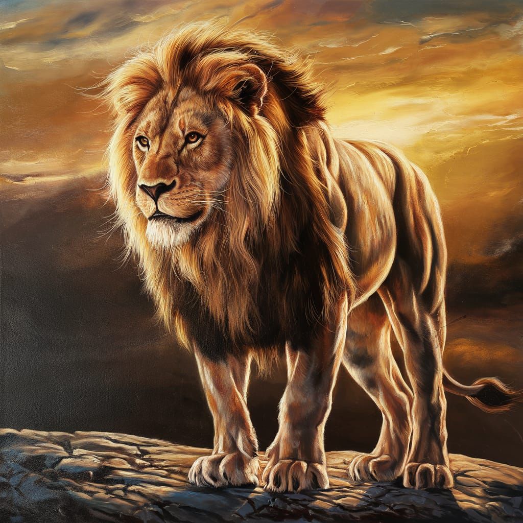 Lion on Rocky Outcrop at Sunset: Oil Painting