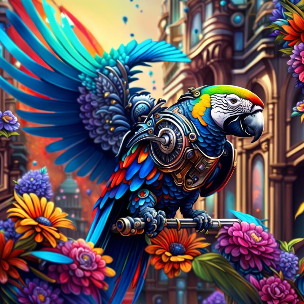 Cyborg Parrot on Floral Crescent in Cybercity