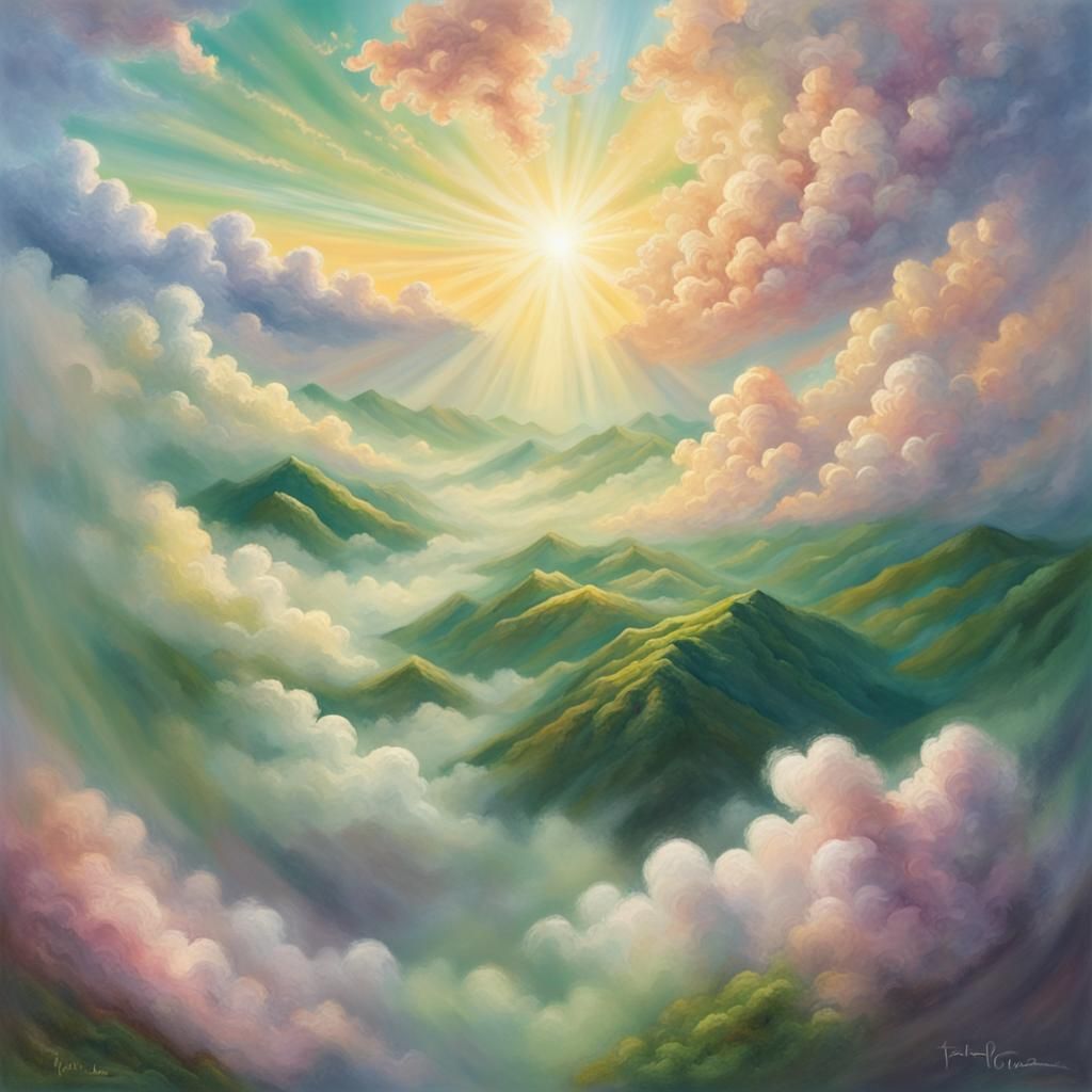 Ethereal Cloudscape with Mountain View in Hyperrealistic Sty...