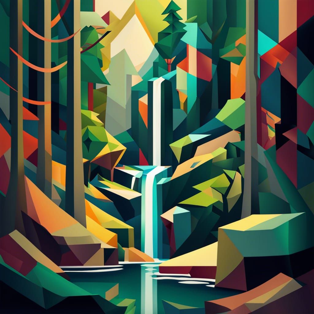 Cubist Waterfall in Forest: Geometric Fauvism Art