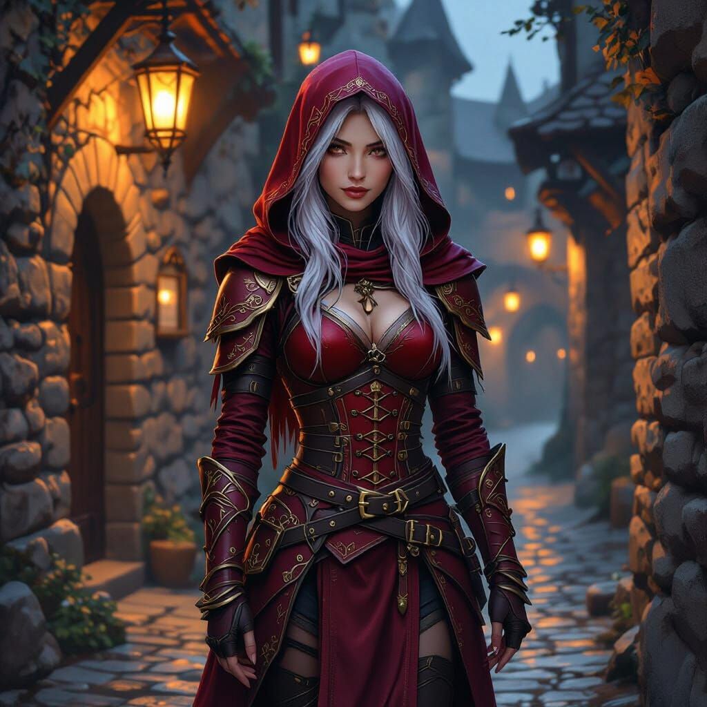 Elven Rogue in Crimson Armor, Hyper-Realistic Digital Art
