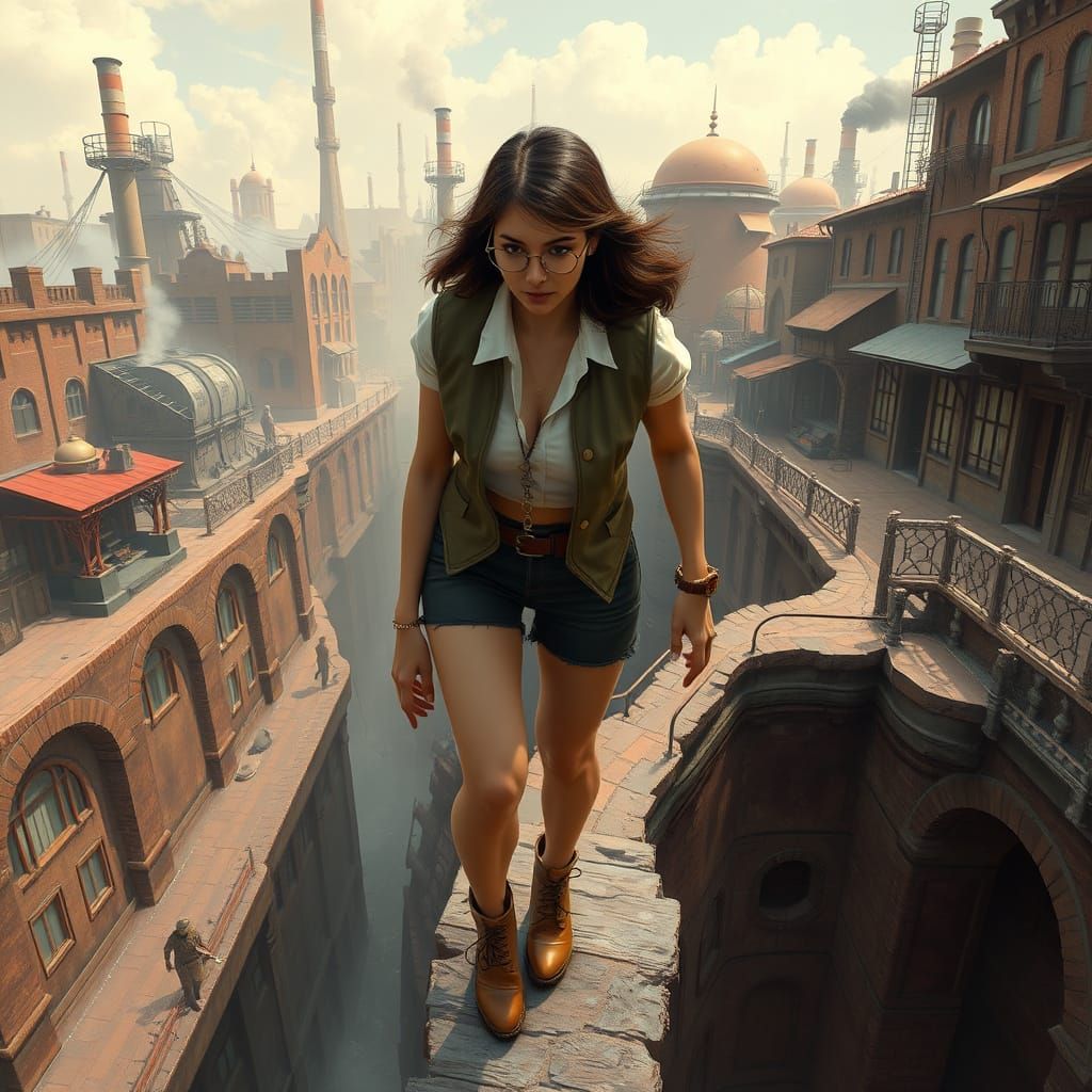 Retro Woman Navigates Futuristic Cityscape