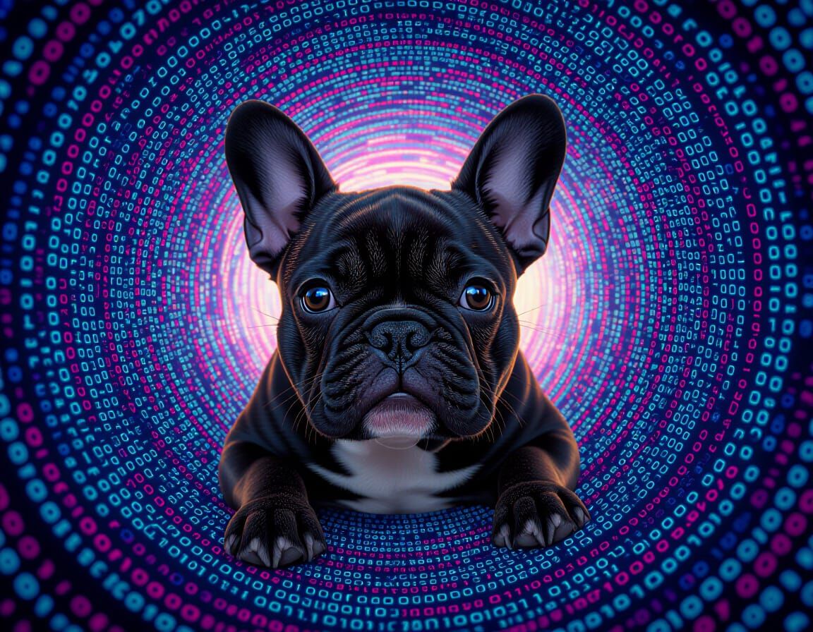French Bulldog in Binary Vortex: Hyperrealistic Close-Up