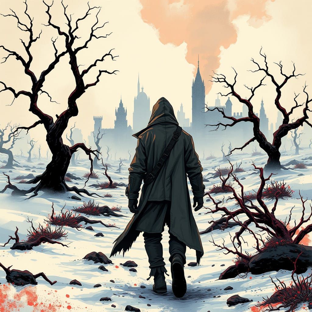 Trudging Through a Desolate Winter Wasteland in a Vibrant Di...