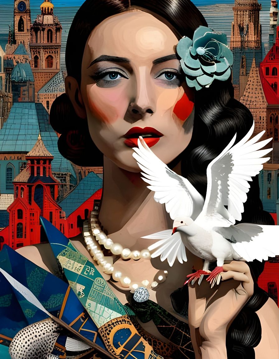 Girl and Pigeon in Fantasy City Collage