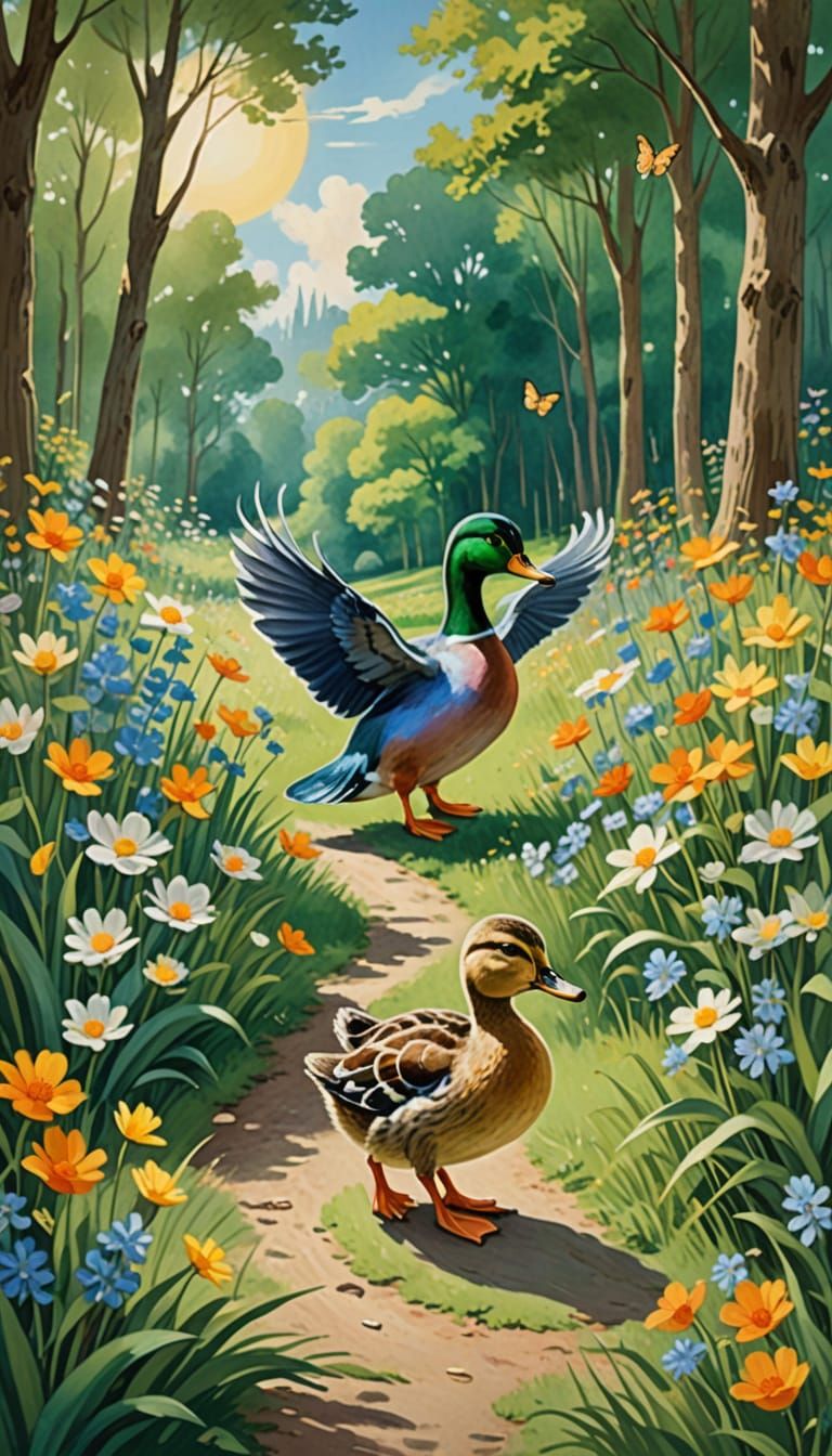 Mother and Ducklings in Whimsical Watercolor Landscape