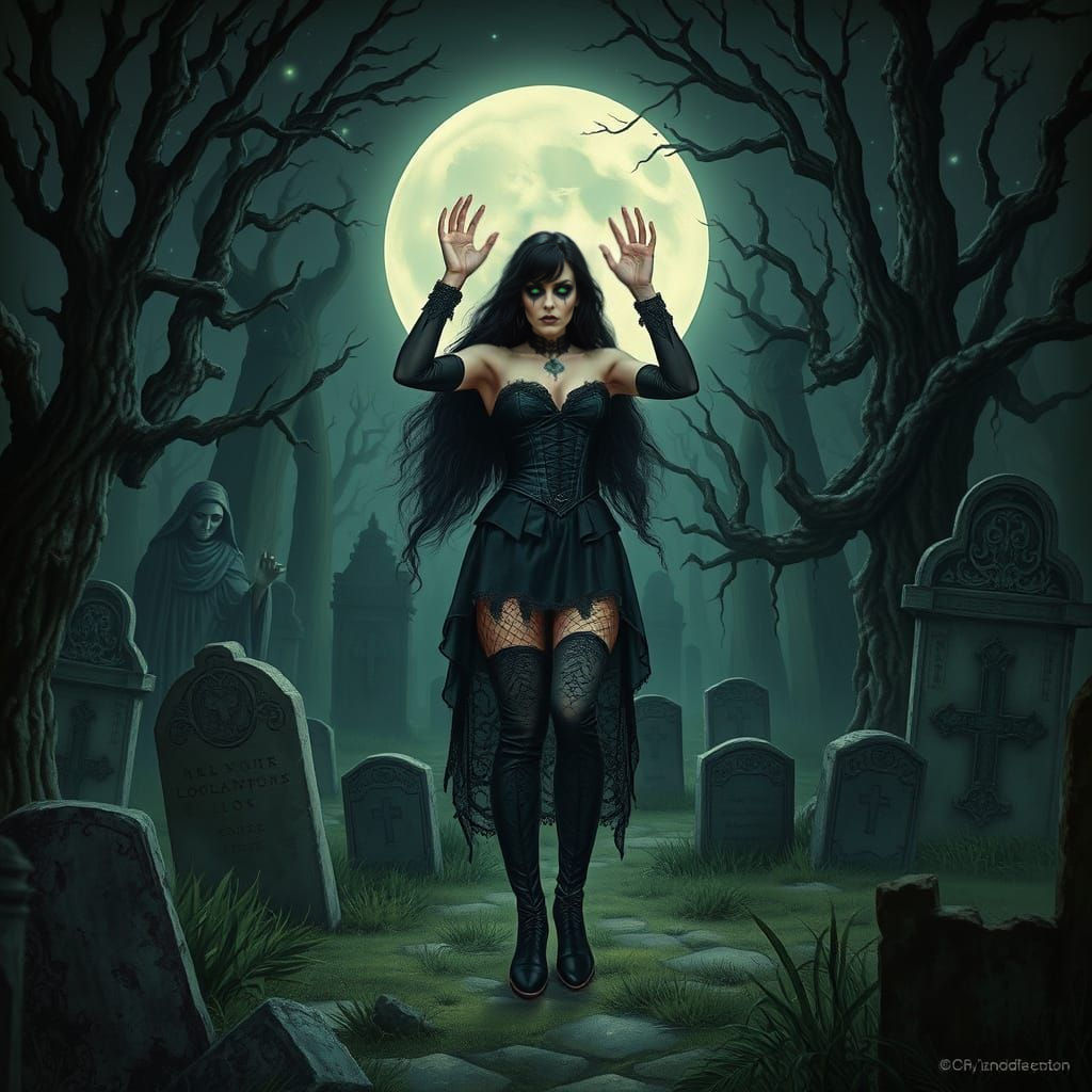 Gothic Enchantress Casting Spell in Haunted Graveyard