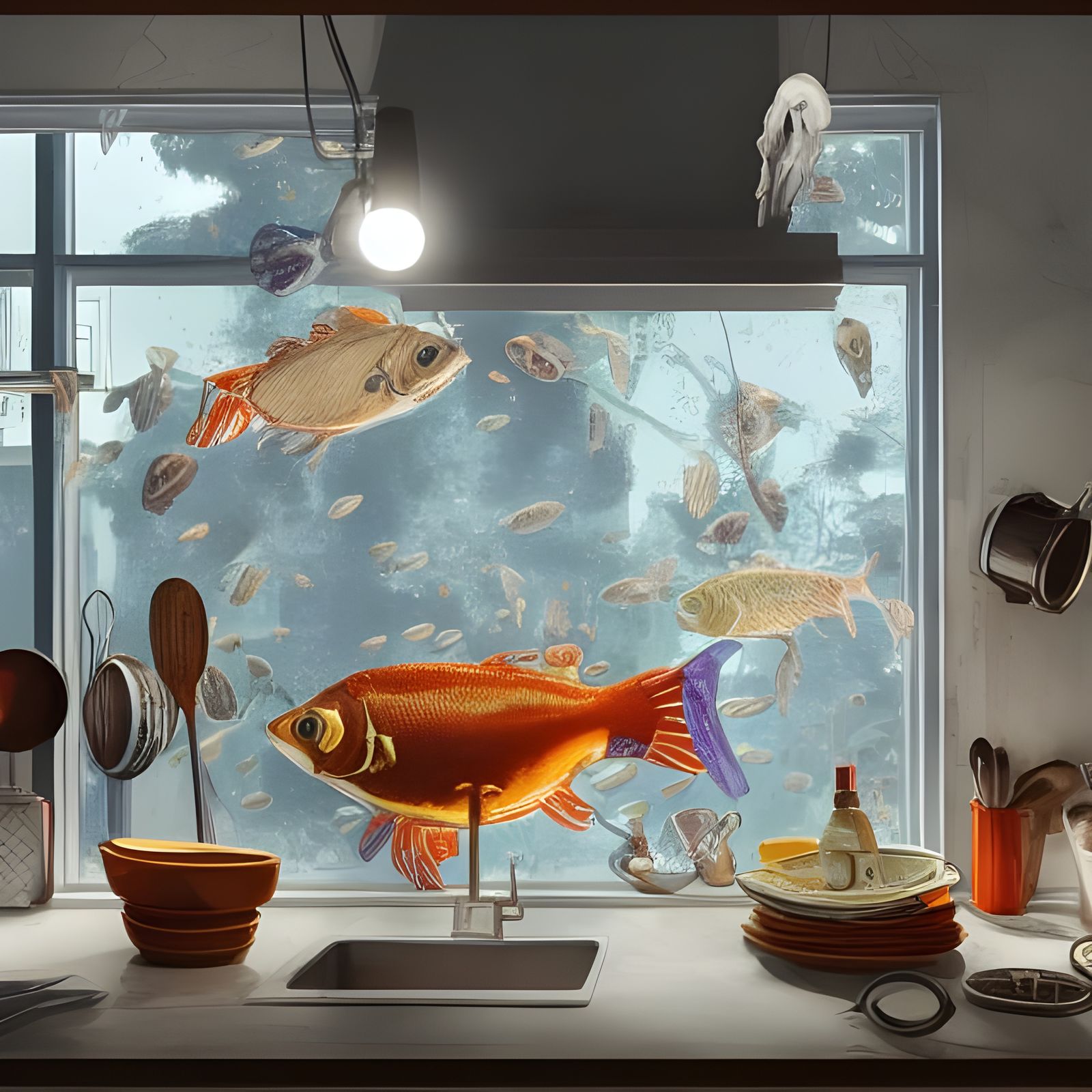 Photorealistic Kitchen Fish in Glass Still Life