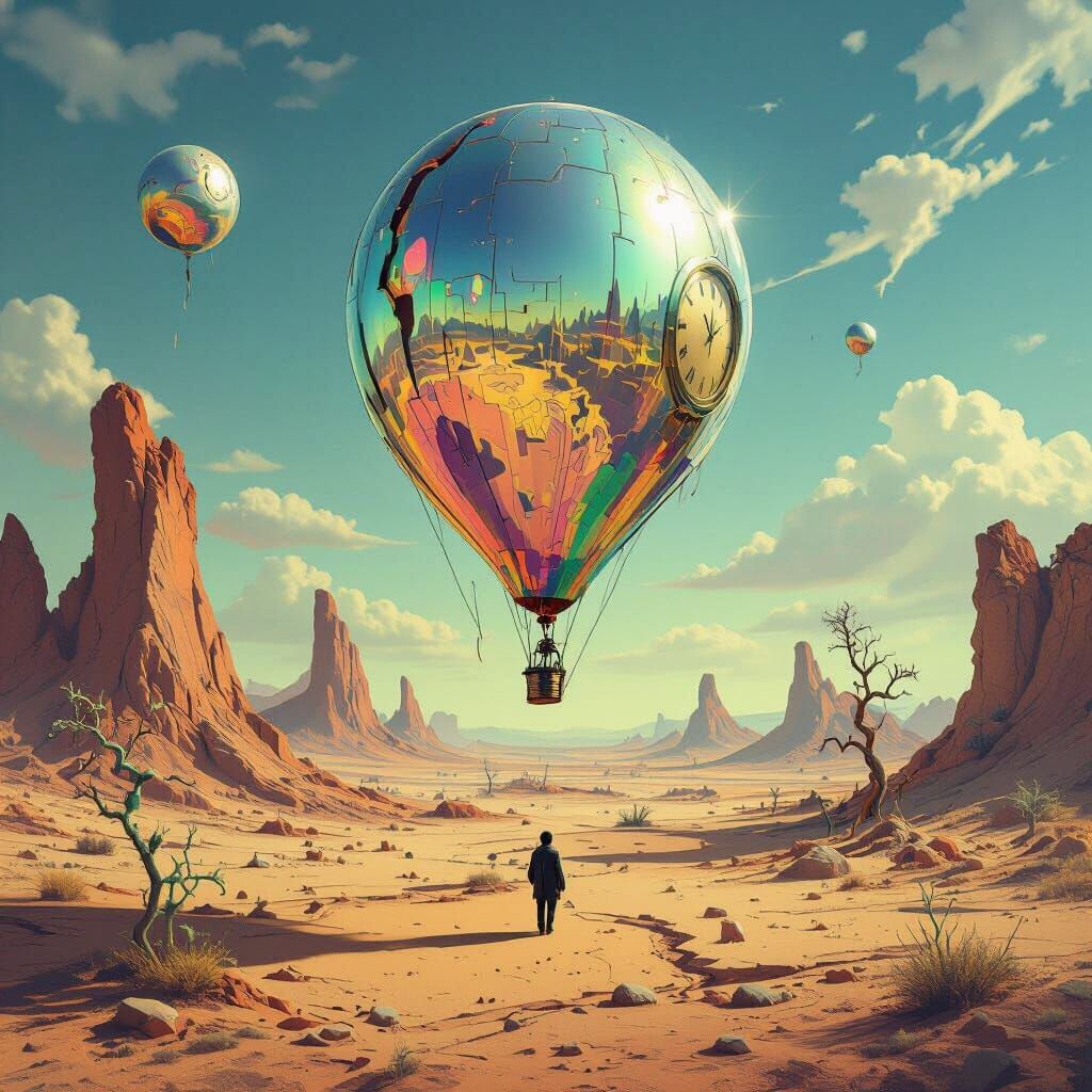 Surreal Balloon Journey Through Alien Landscape