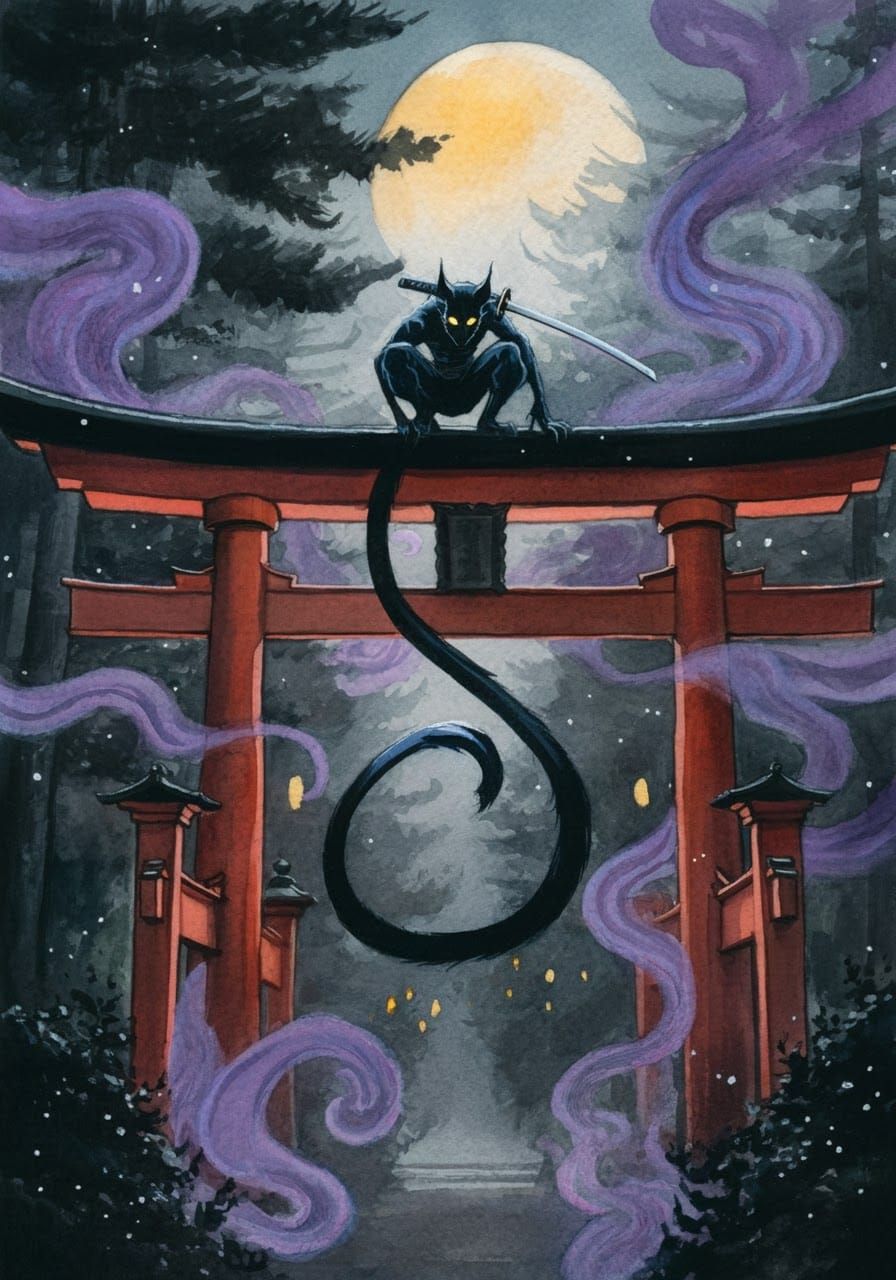 Nightcrawler on Torii Gate in Surreal Watercolor Style