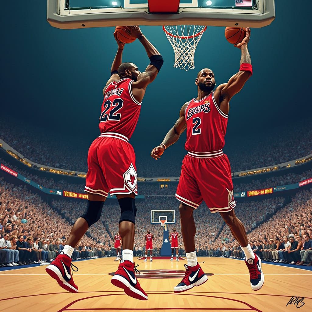 Basketball Legends in Dynamic Stadium Illustration