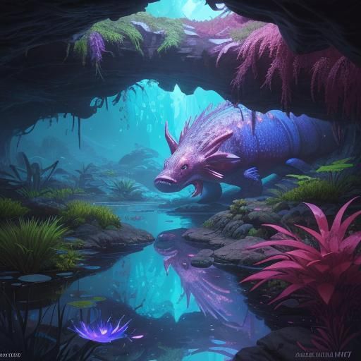 Lush Bioluminescent Cave with Red Axolotl