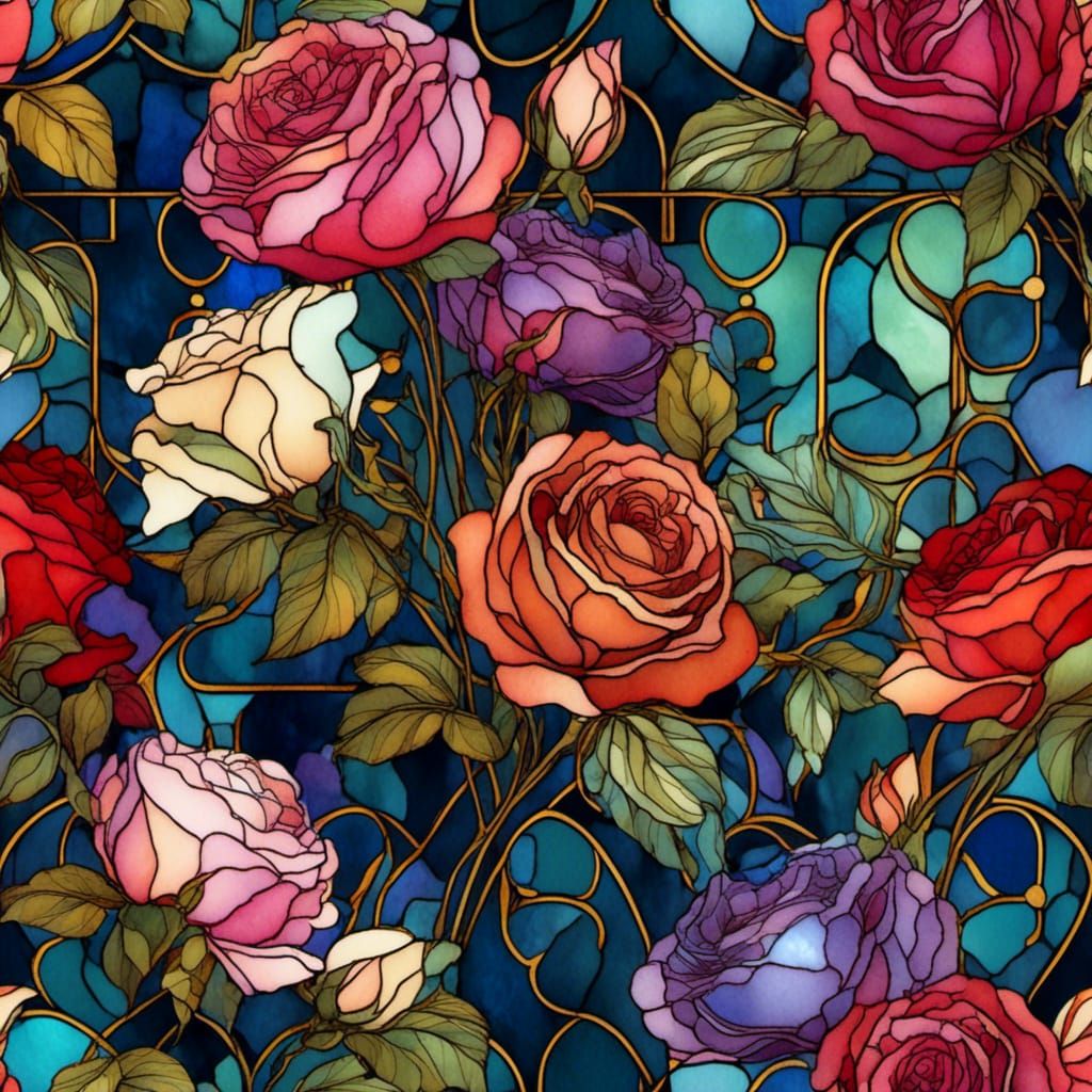 Stained Glass Roses with Art Nouveau Elements