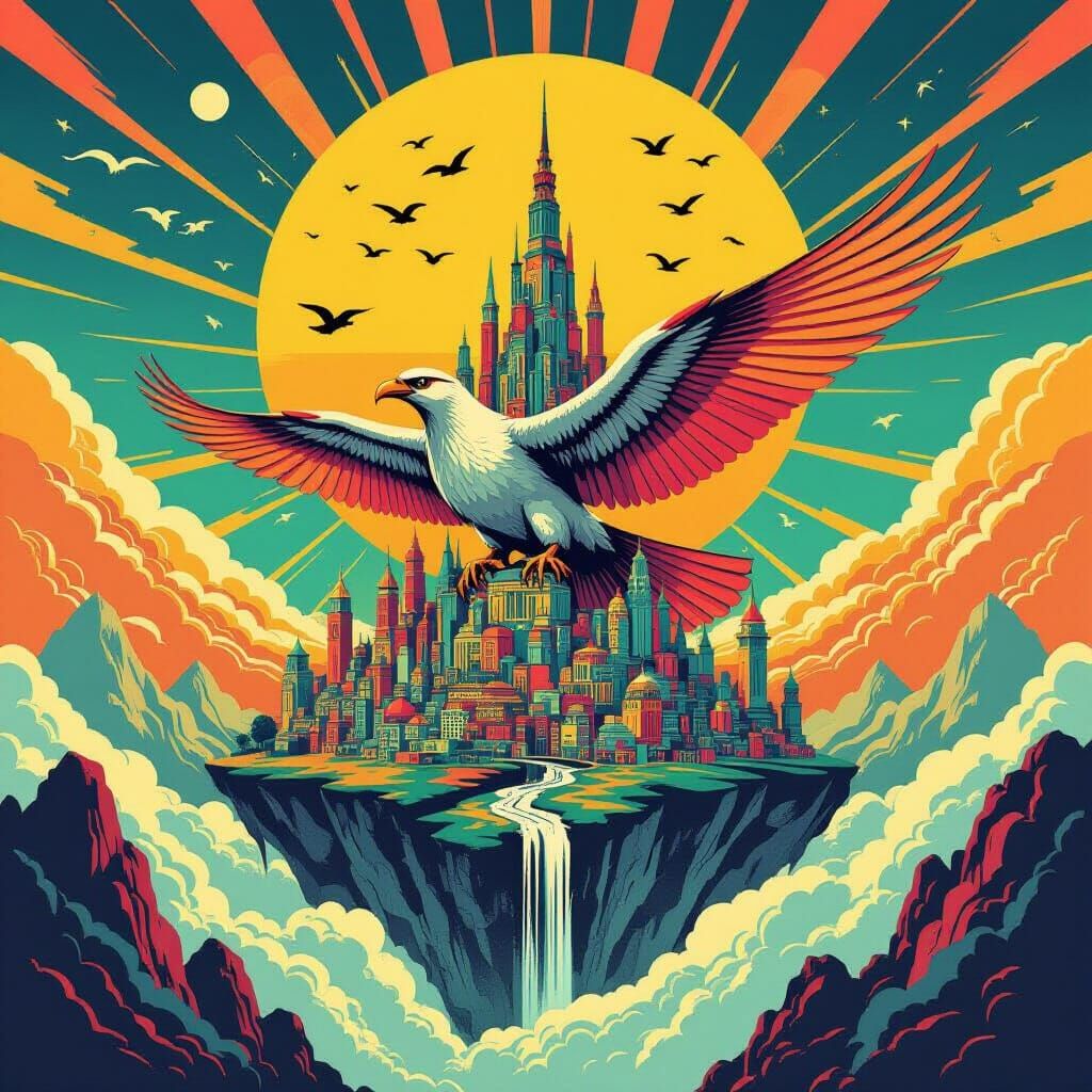 1960s Travel Poster: Fantastical City on Giant Bird