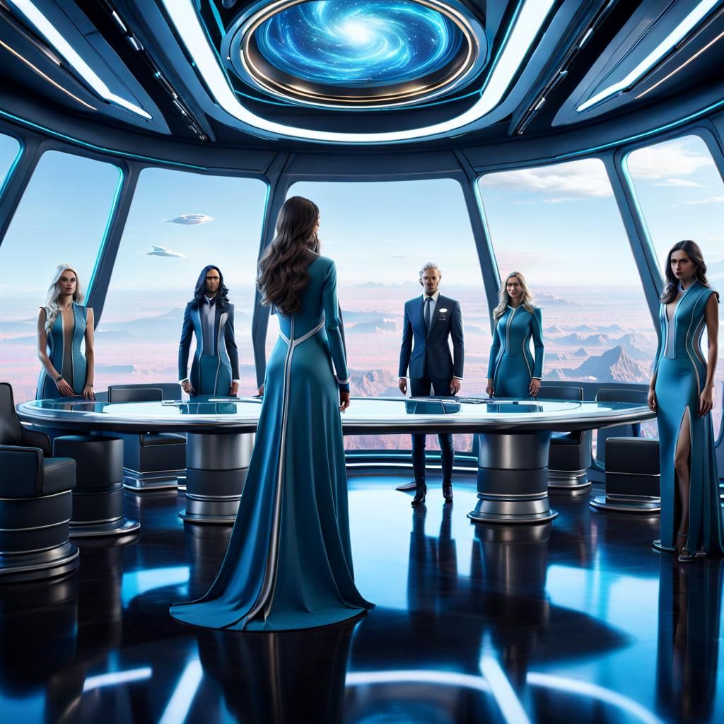 Futuristic Boardroom with Figures in Pastel Gowns