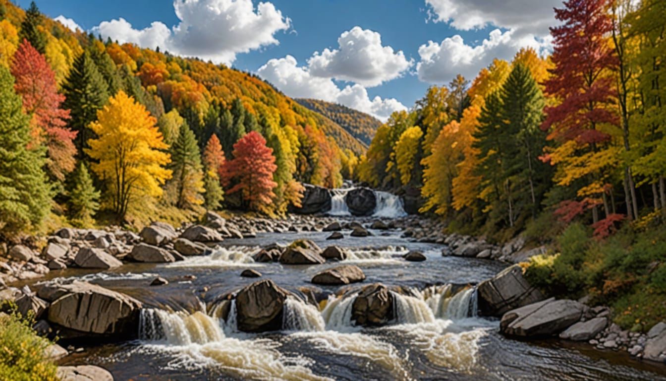 Autumn Forest Valley with Cascading Waterfalls
