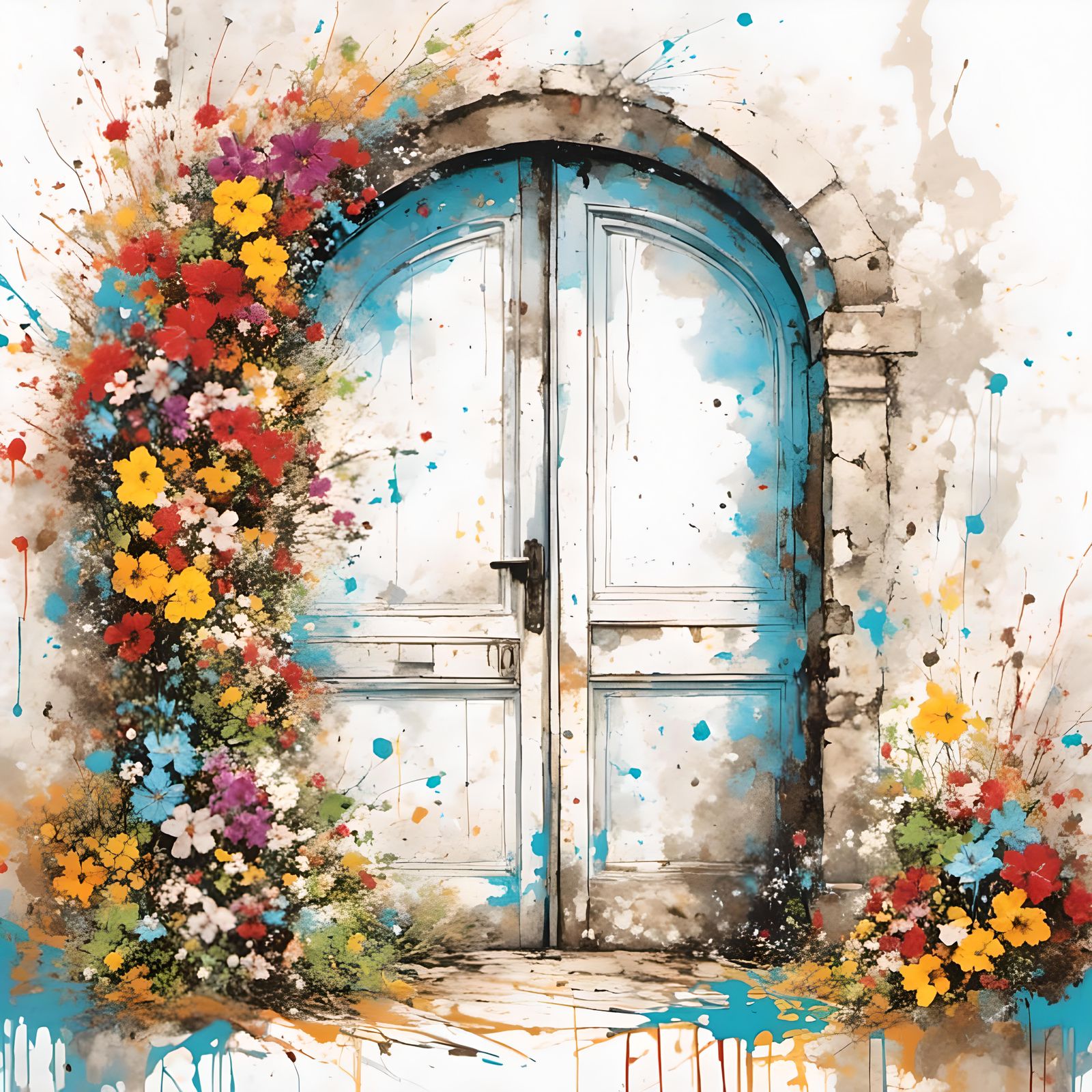 Door with Flowers in Splatter Graffiti Style