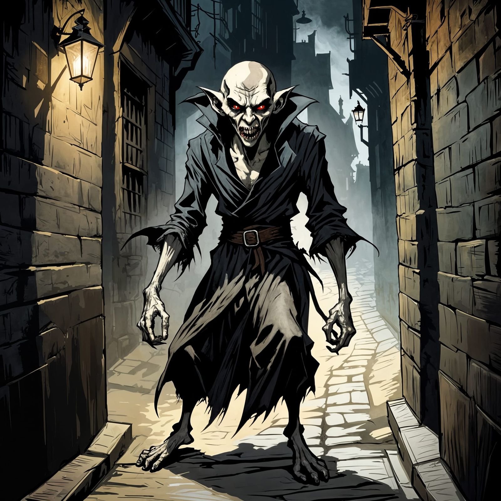 Nosferatu in Dark Alleyway: Arthur Rackham Style