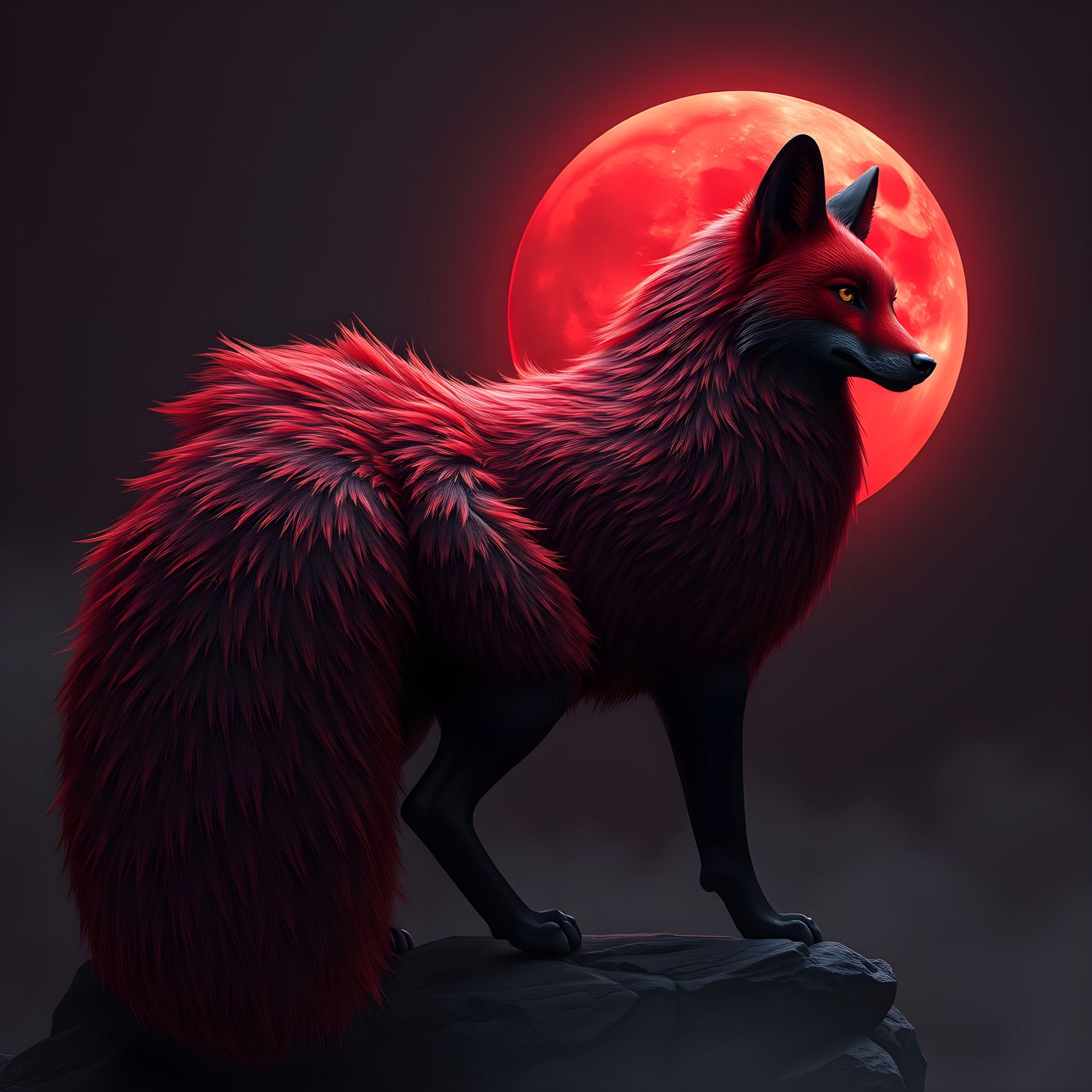 Dark Red Nine-Tailed Fox Under Blood Moon
