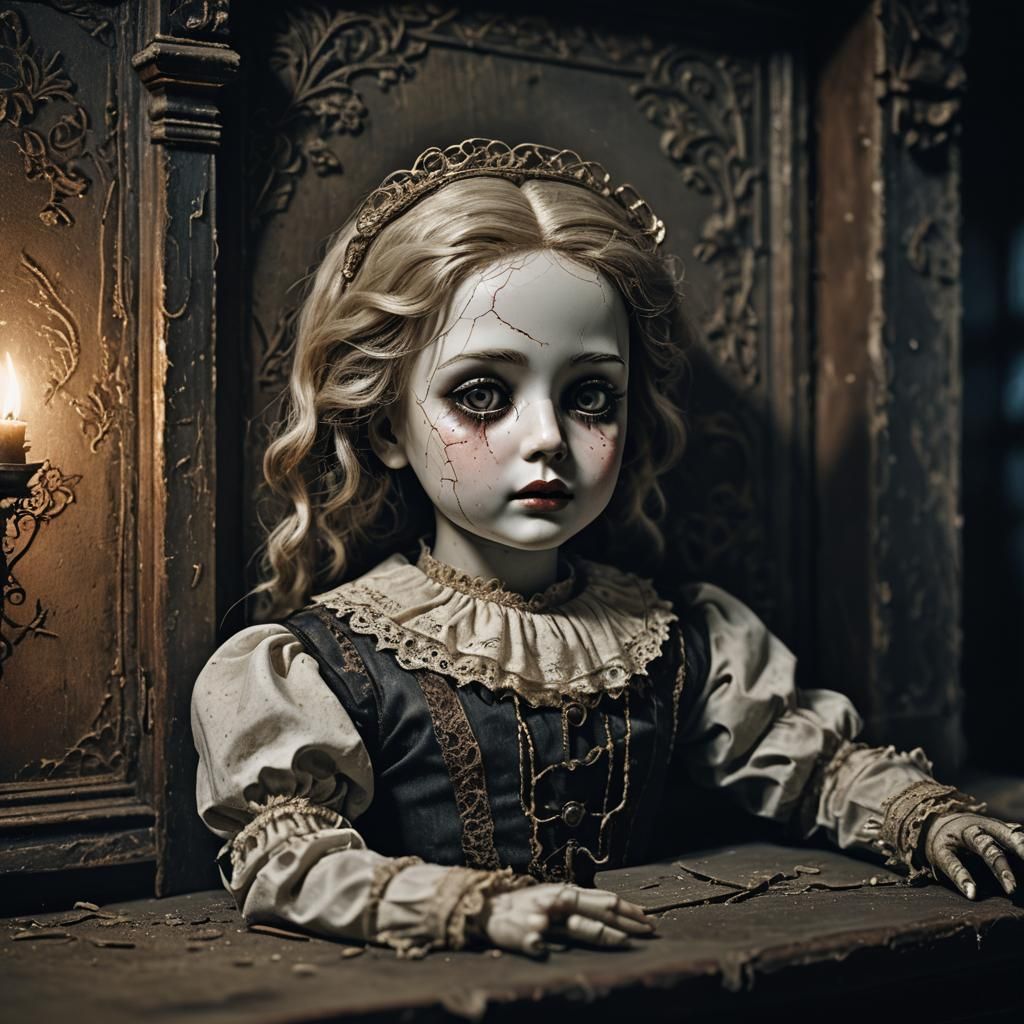 Eerie Porcelain Doll in Abandoned Room, Dark Fantasy Art